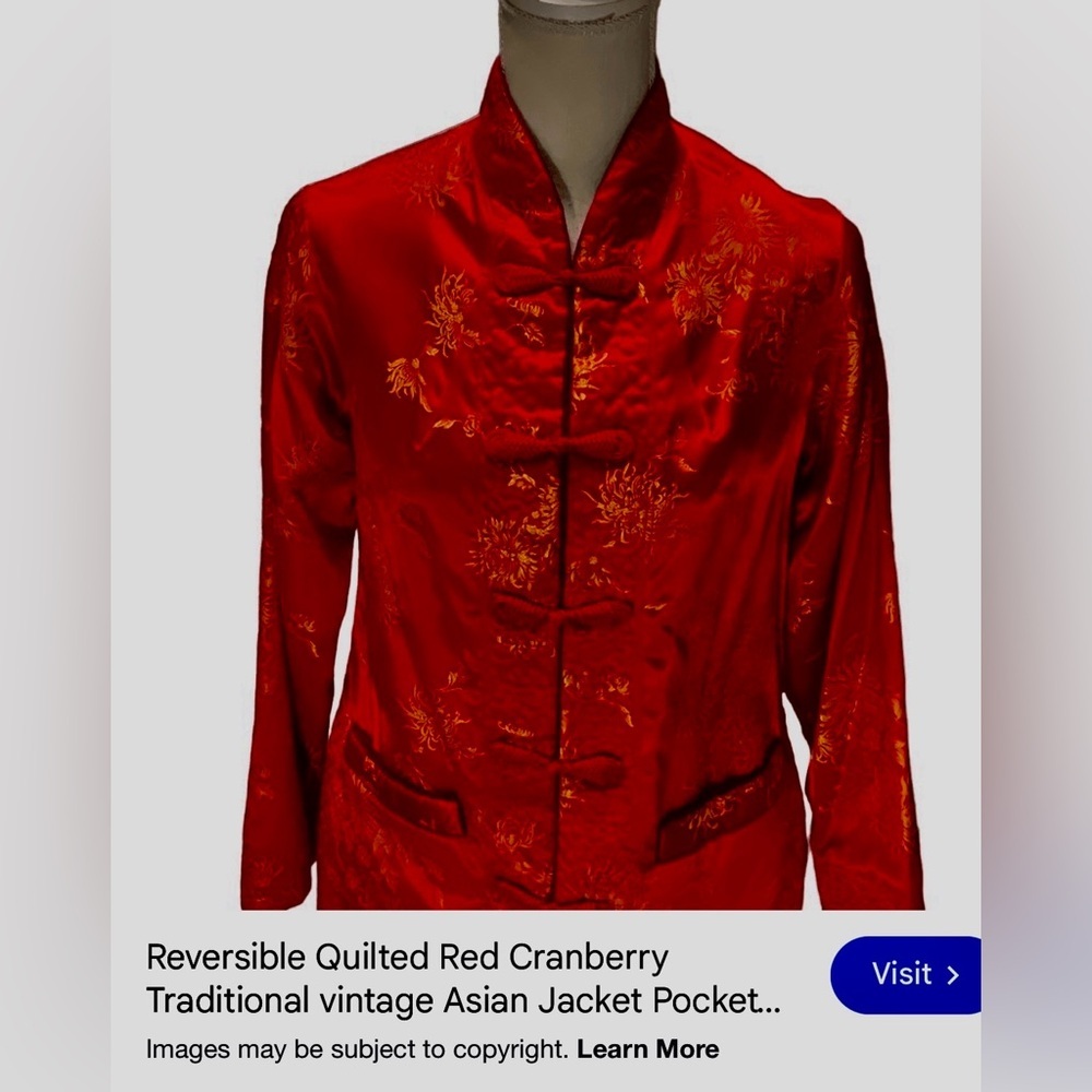 Red Brocade Mandarin Collar Button-Down Shirt with Gold Detail Size Medium - Picture 6 of 8